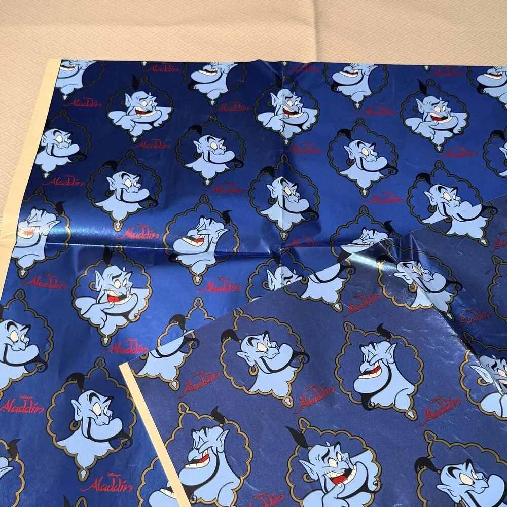 Vintage Disney Aladdin Genie Gift Wrap 2 Sheets Wrapping Paper Blue Shiny Fun